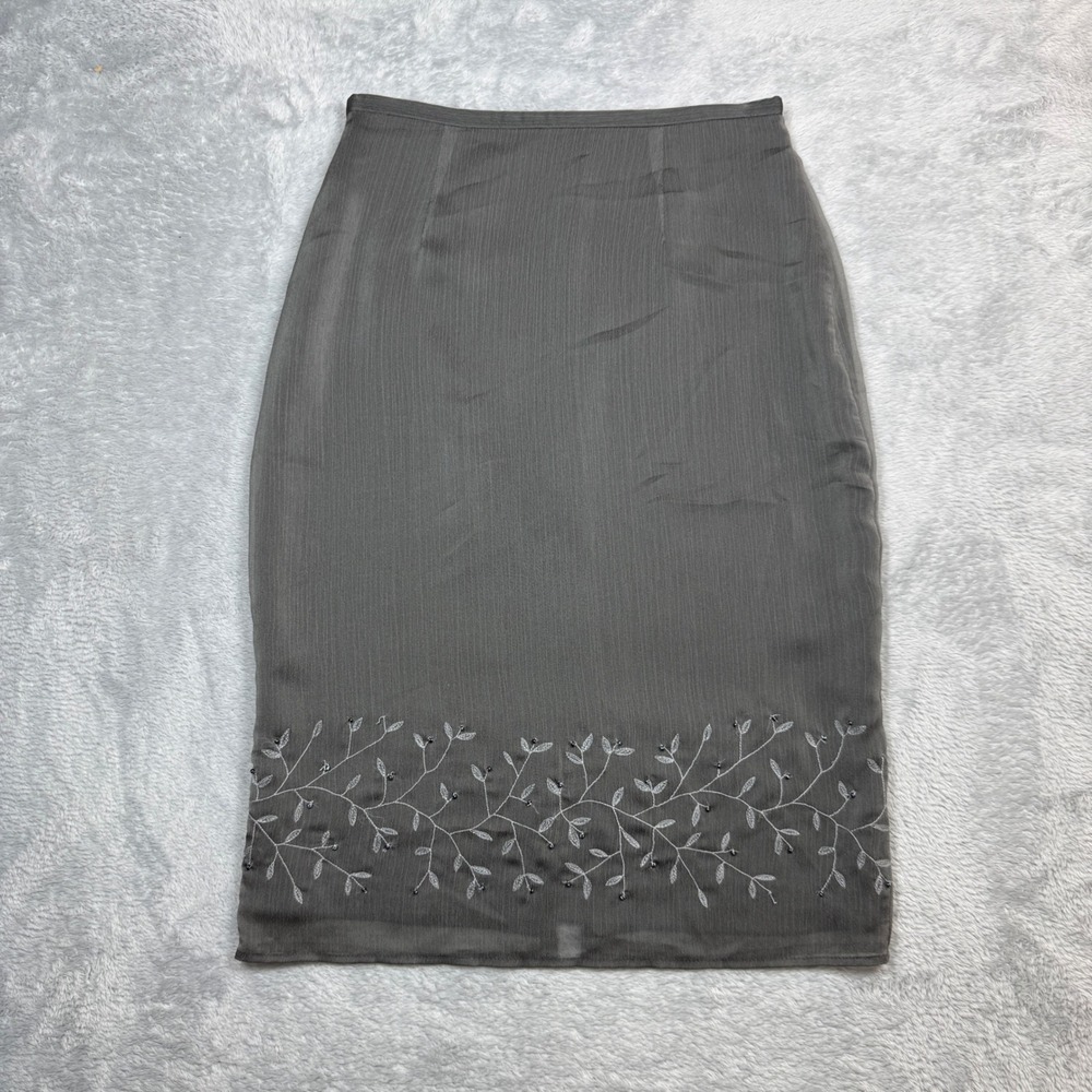 Vintage Express Pencil Skirt Womens 3/4 Grey Beaded Floral Sheer Overlay Y2K